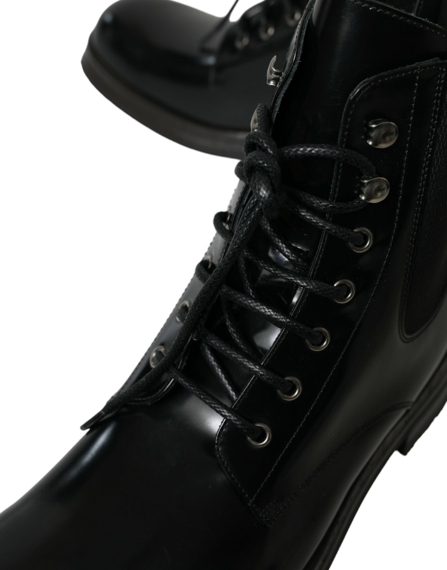 Black Leather Lace Up Mid Calf Boots Shoes