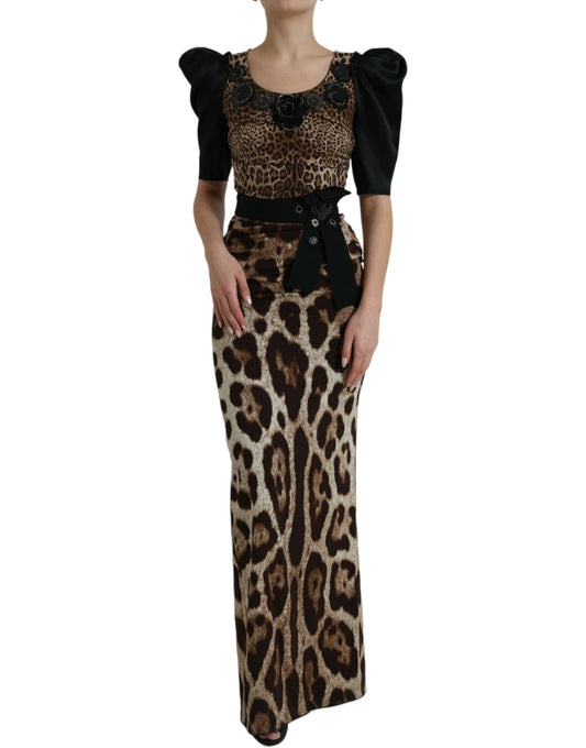 Black Brown Leopard Embellished Sheath Gown Dress