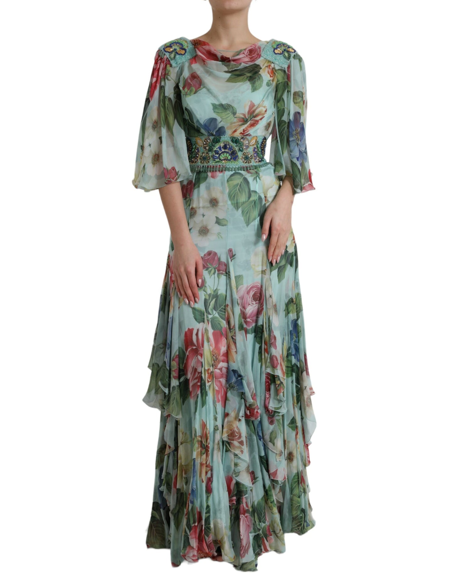 Blue Floral Print Tiered Long Maxi Dress