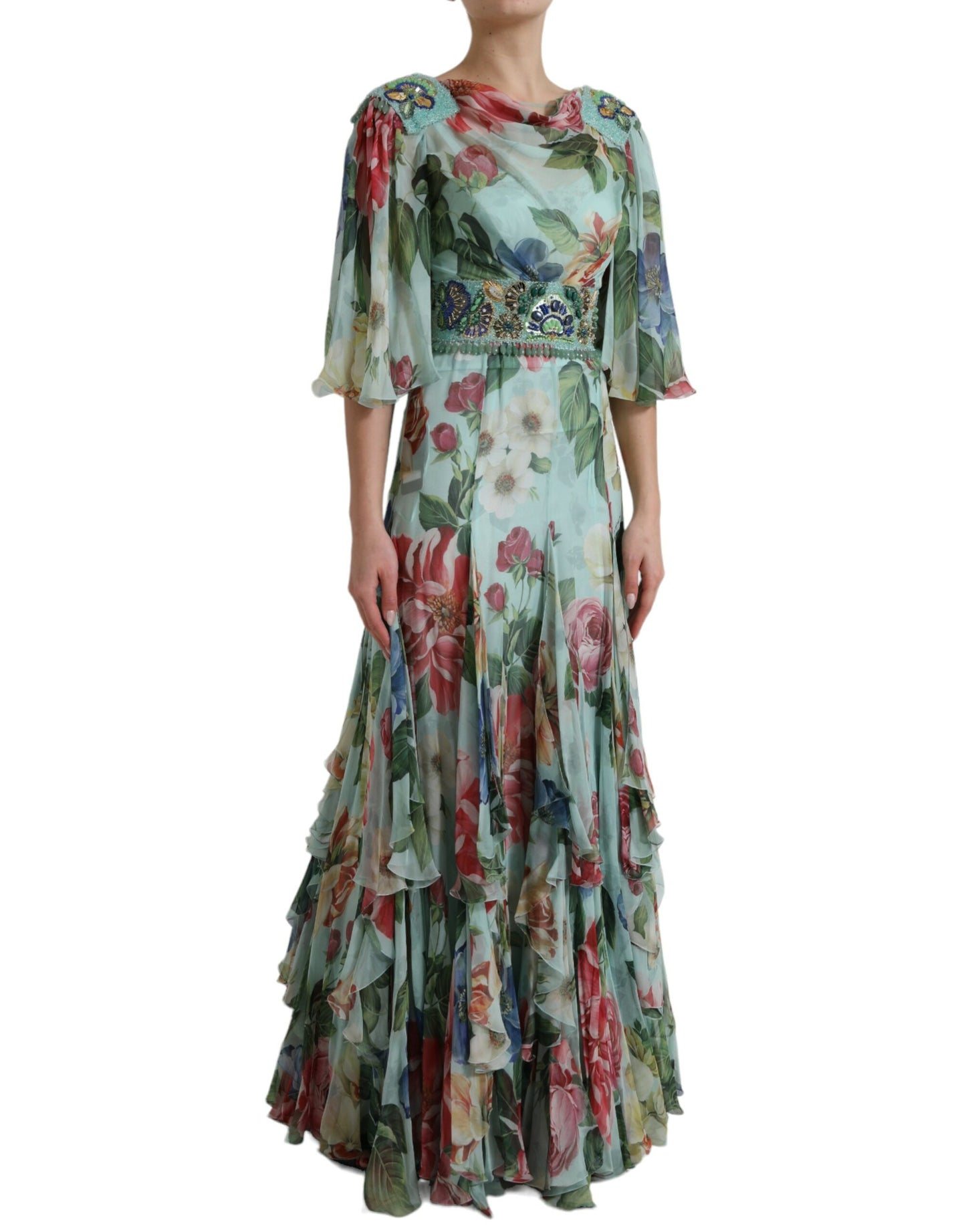 Blue Floral Print Tiered Long Maxi Dress