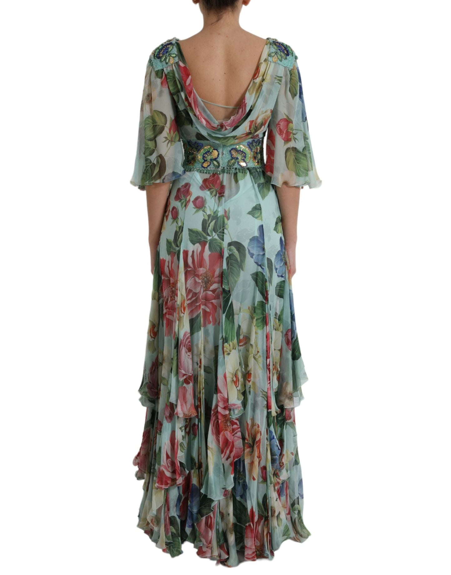 Blue Floral Print Tiered Long Maxi Dress