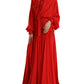 Red Silk Long Gown Pleated Ascot Collar Dress