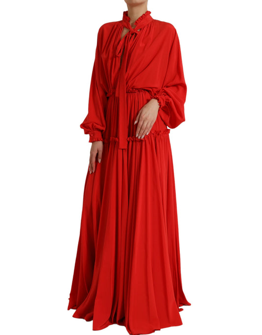 Red Silk Long Gown Pleated Ascot Collar Dress