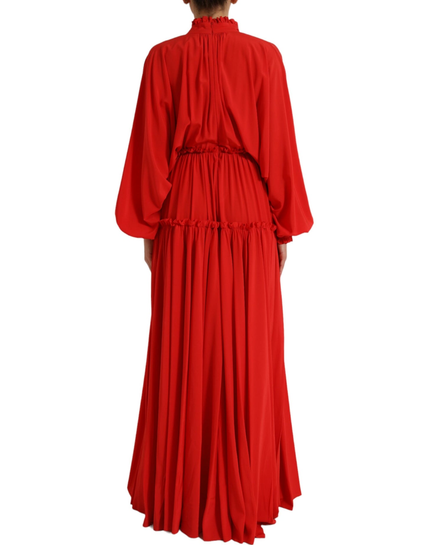 Red Silk Long Gown Pleated Ascot Collar Dress