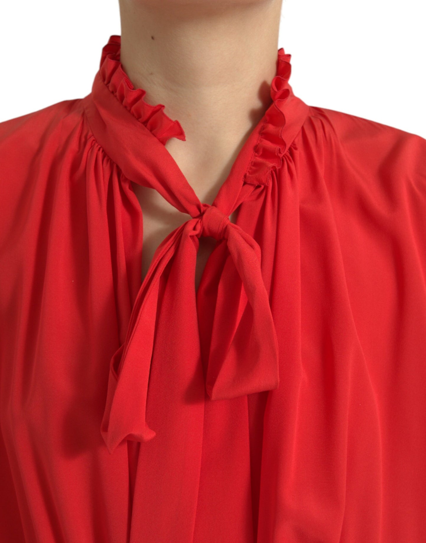 Red Silk Long Gown Pleated Ascot Collar Dress