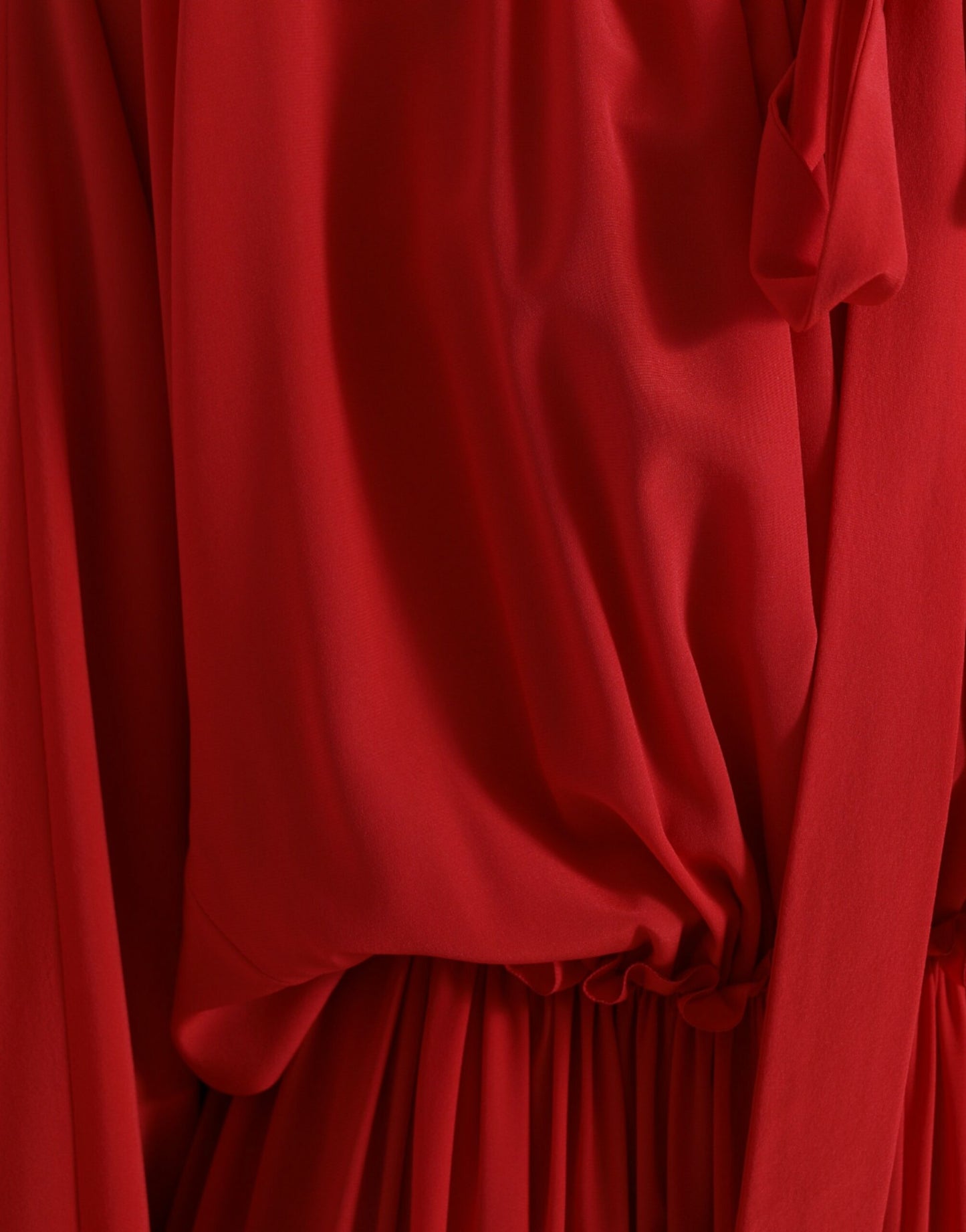 Red Silk Long Gown Pleated Ascot Collar Dress