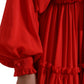 Red Silk Long Gown Pleated Ascot Collar Dress