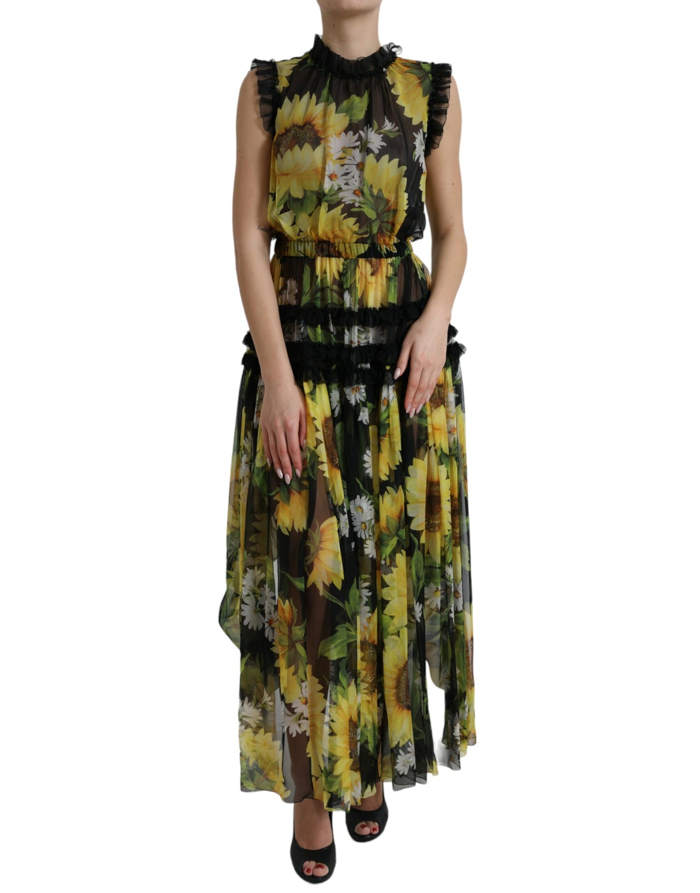 Black Sunflower A-line Pleated Maxi Dress