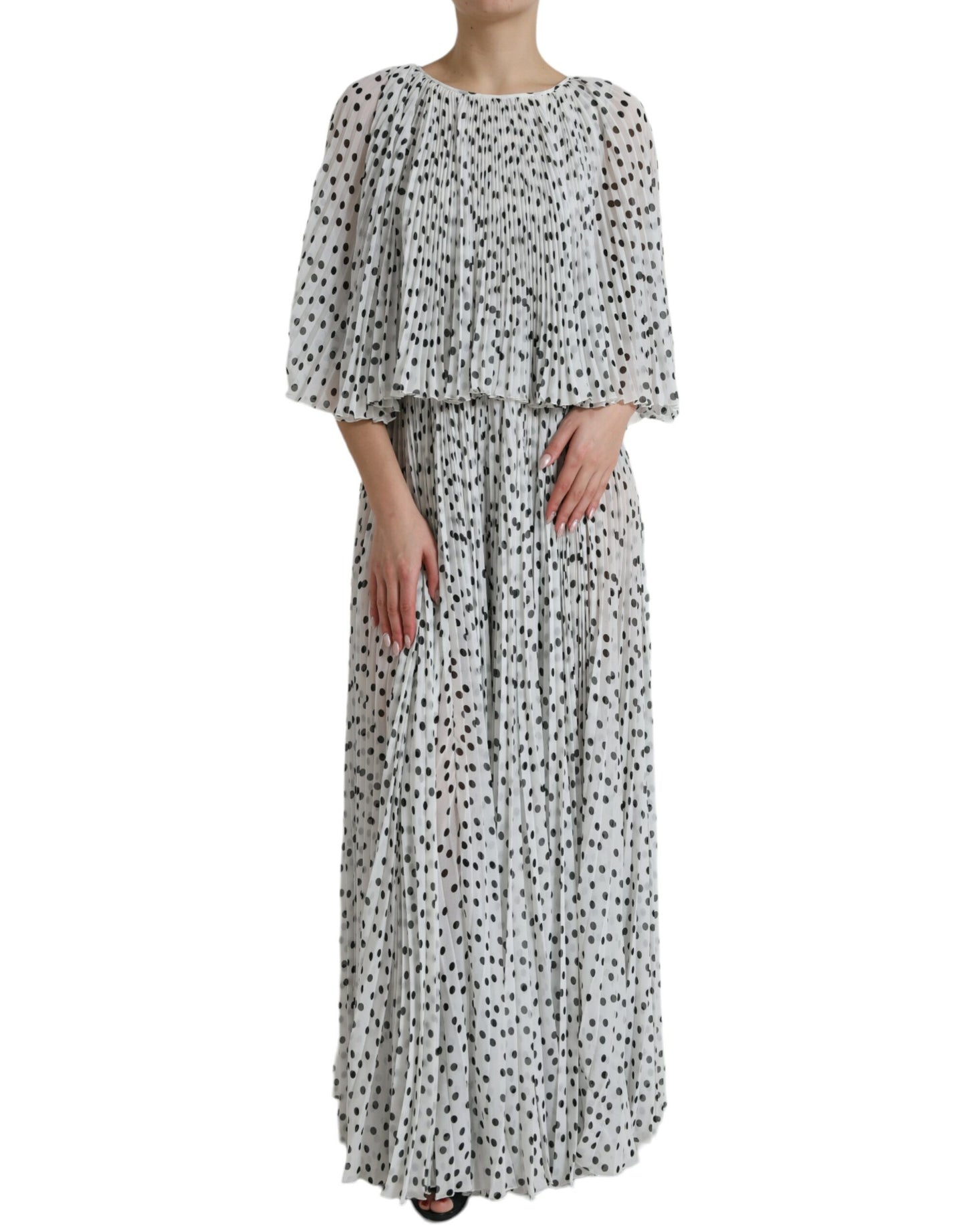 White Polka Dot A-line Pleated Maxi Dress