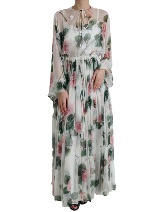 White Rose Print A-line Pleated Maxi Dress