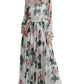 White Rose Print A-line Pleated Maxi Dress