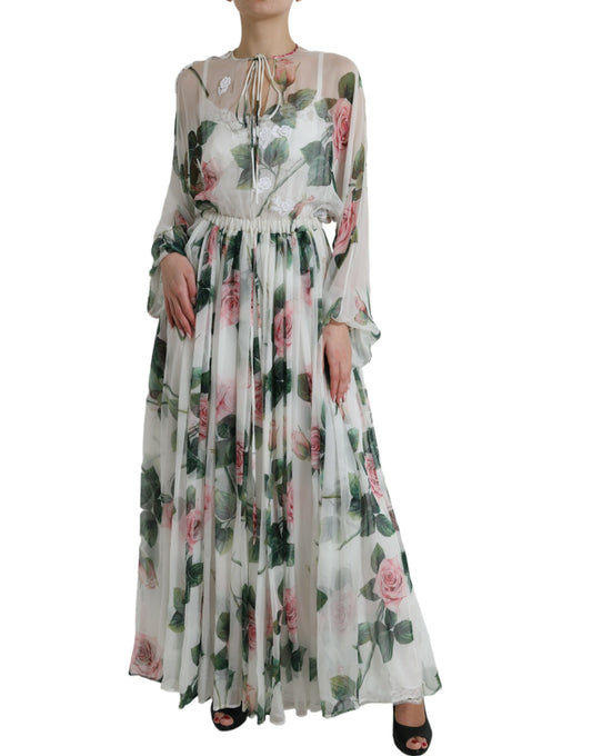 White Rose Print A-line Pleated Maxi Dress