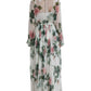 White Rose Print A-line Pleated Maxi Dress
