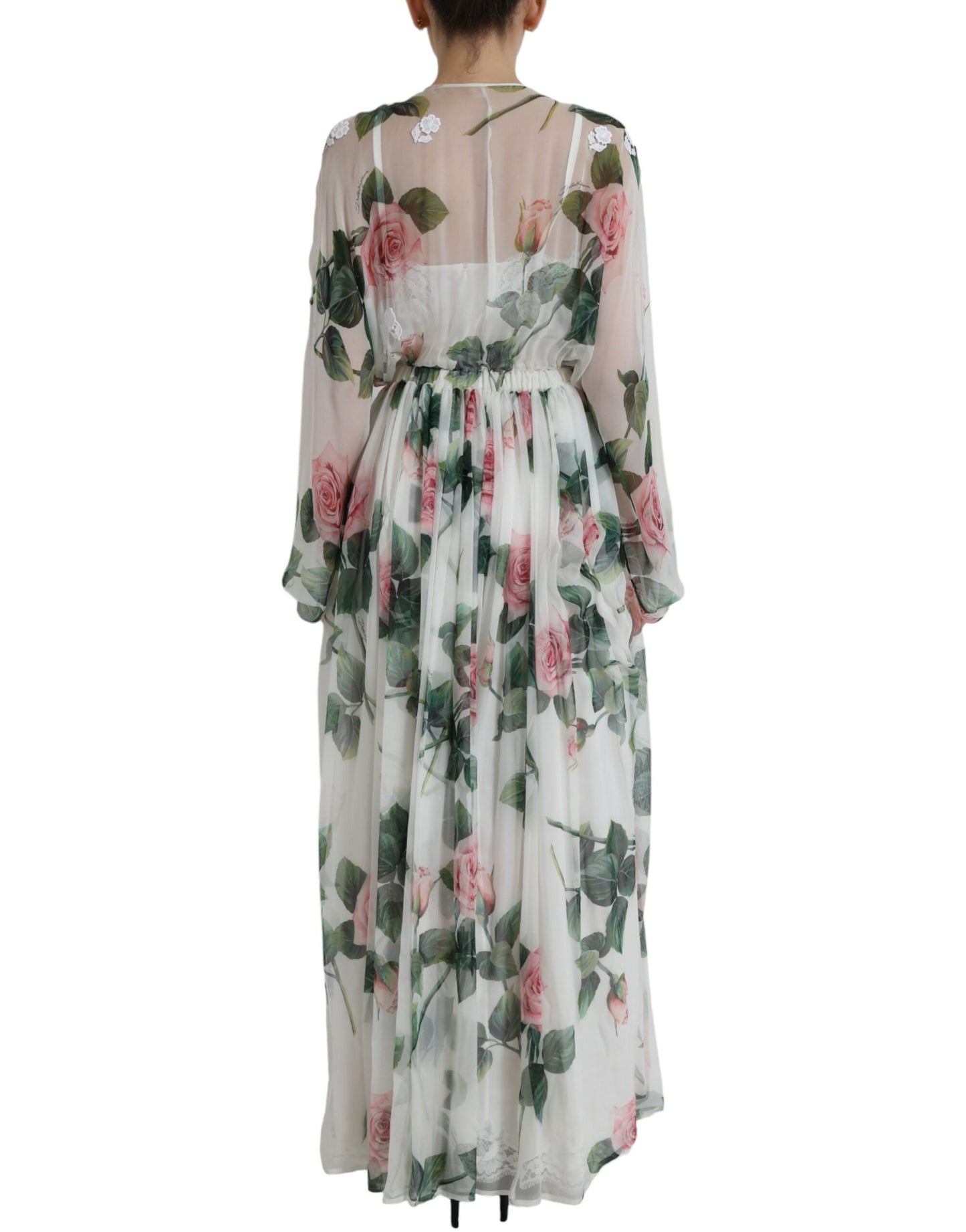 White Rose Print A-line Pleated Maxi Dress