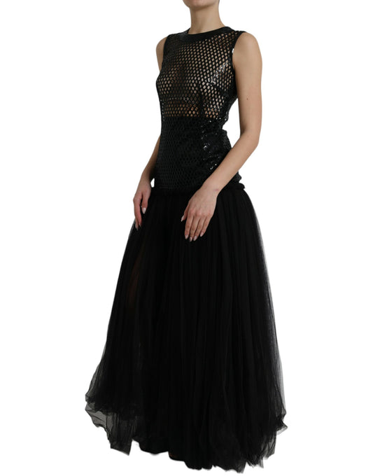 Black Sequined Sleeveless Mesh Layered Gown Dress