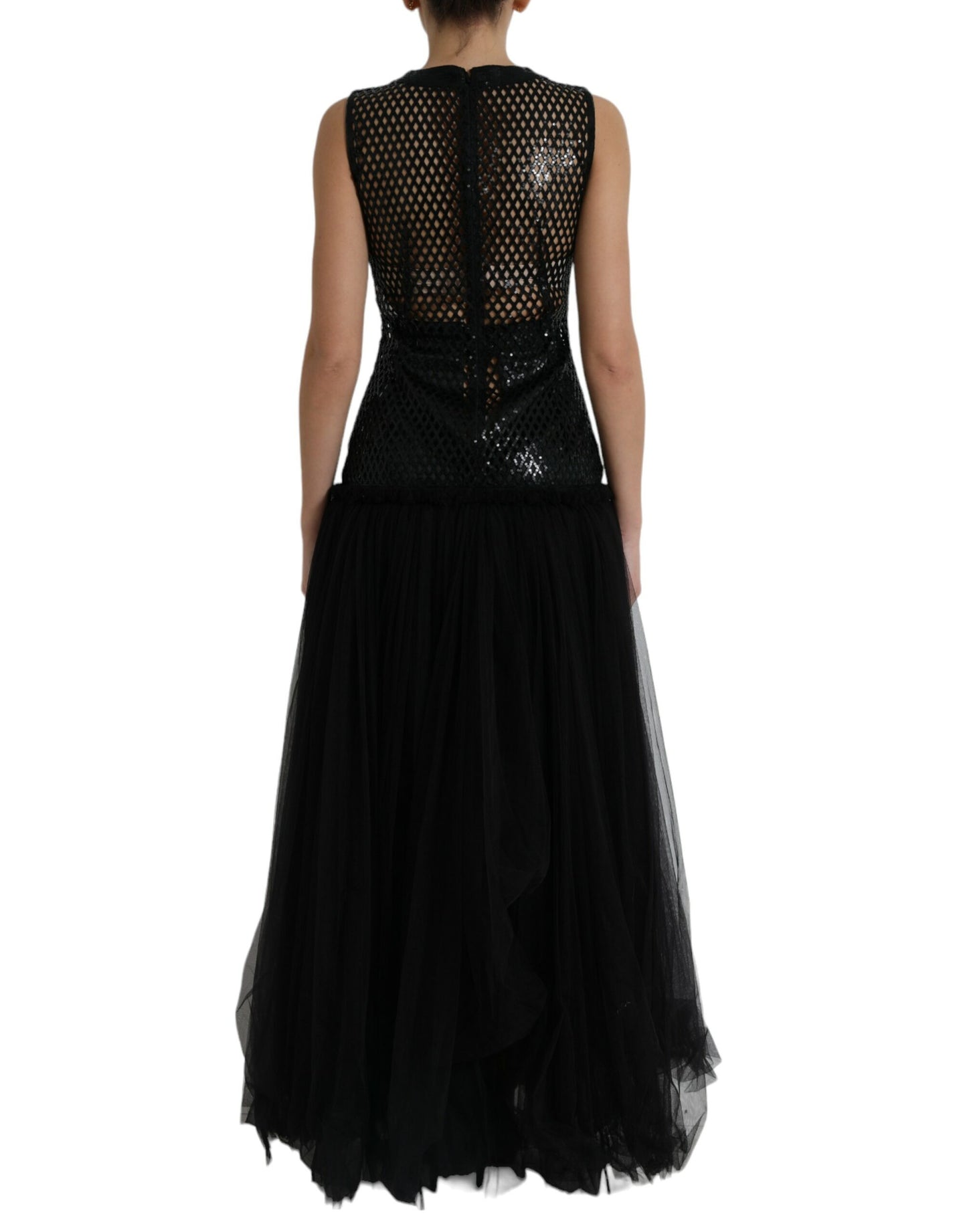 Black Sequined Sleeveless Mesh Layered Gown Dress