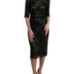 Black Floral Lace Viscose Sheath Midi Dress