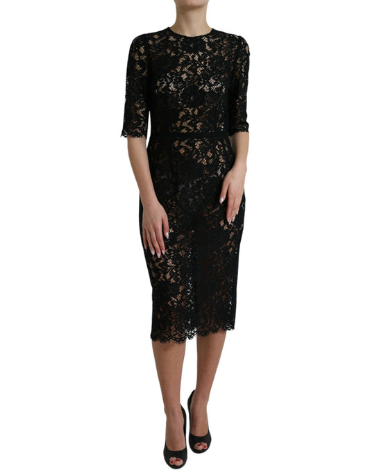 Black Floral Lace Viscose Sheath Midi Dress