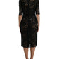 Black Floral Lace Viscose Sheath Midi Dress