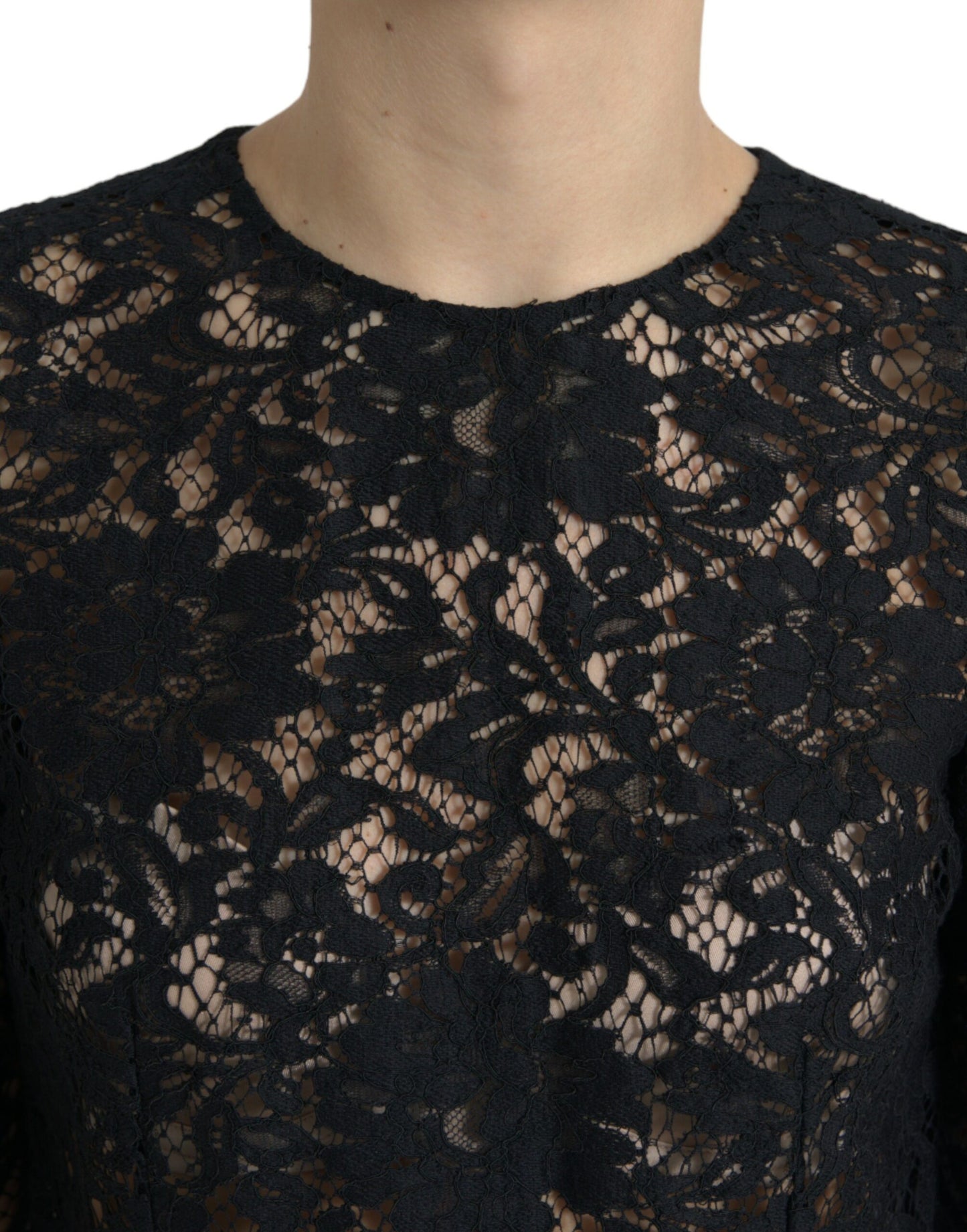 Black Floral Lace Viscose Sheath Midi Dress