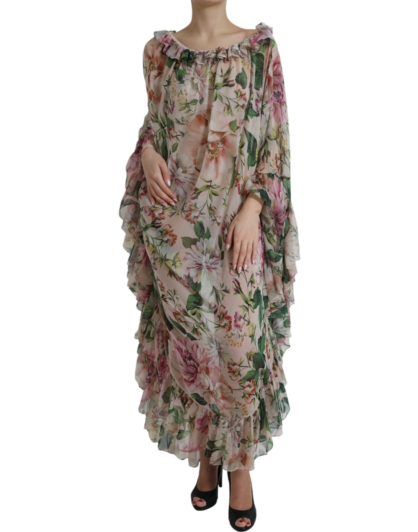 Pink Floral Chiffon Ruched Frilled Maxi Dress