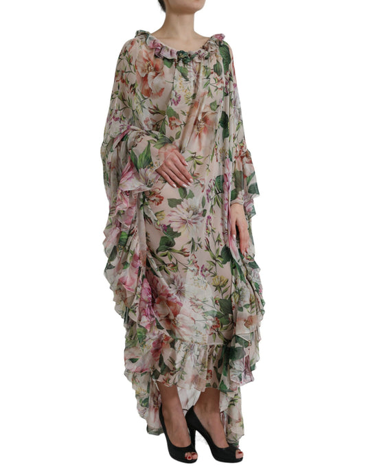 Pink Floral Chiffon Ruched Frilled Maxi Dress