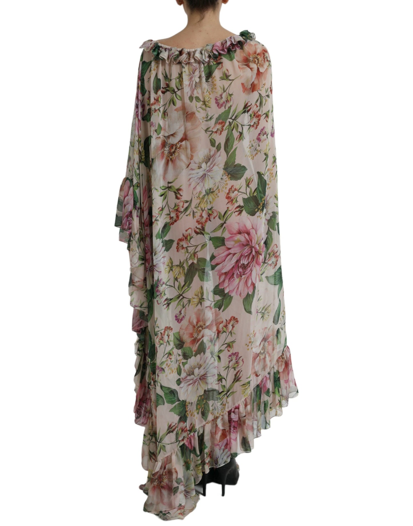 Pink Floral Chiffon Ruched Frilled Maxi Dress