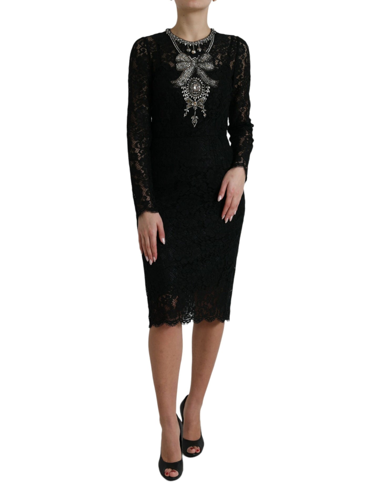 Black Lace Crystal Embellished Sheath Dress