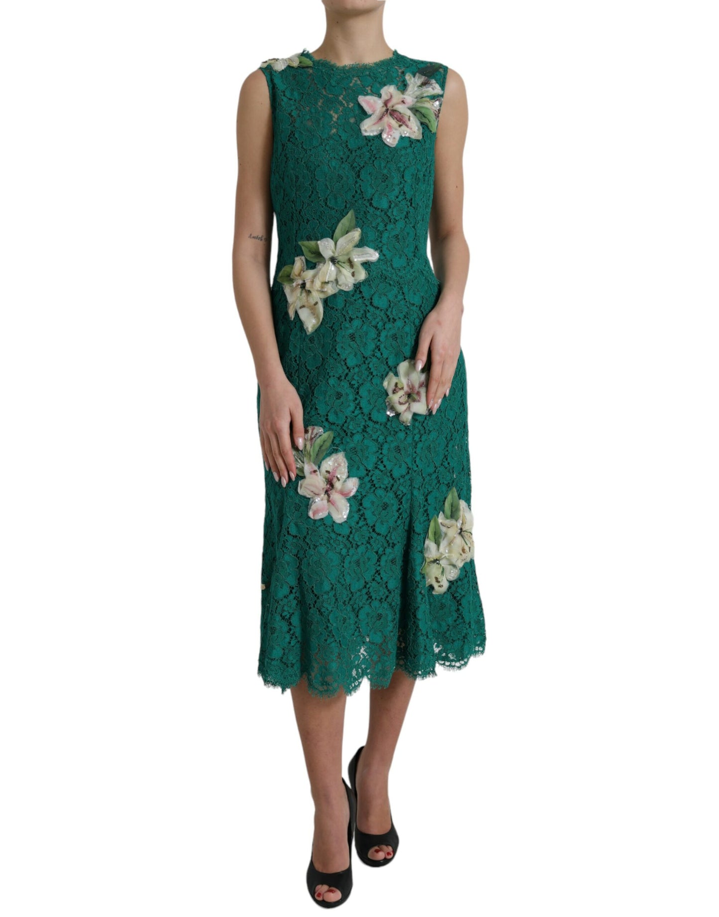 Green Lace Floral Applique Aline Midi Dress