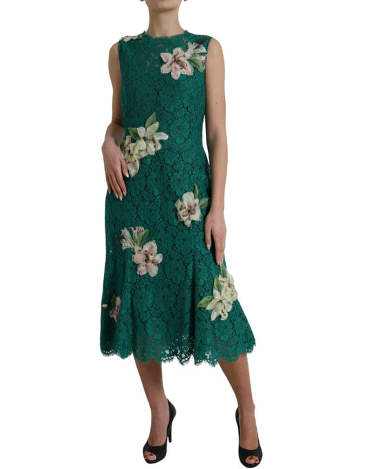 Green Lace Floral Applique Aline Midi Dress