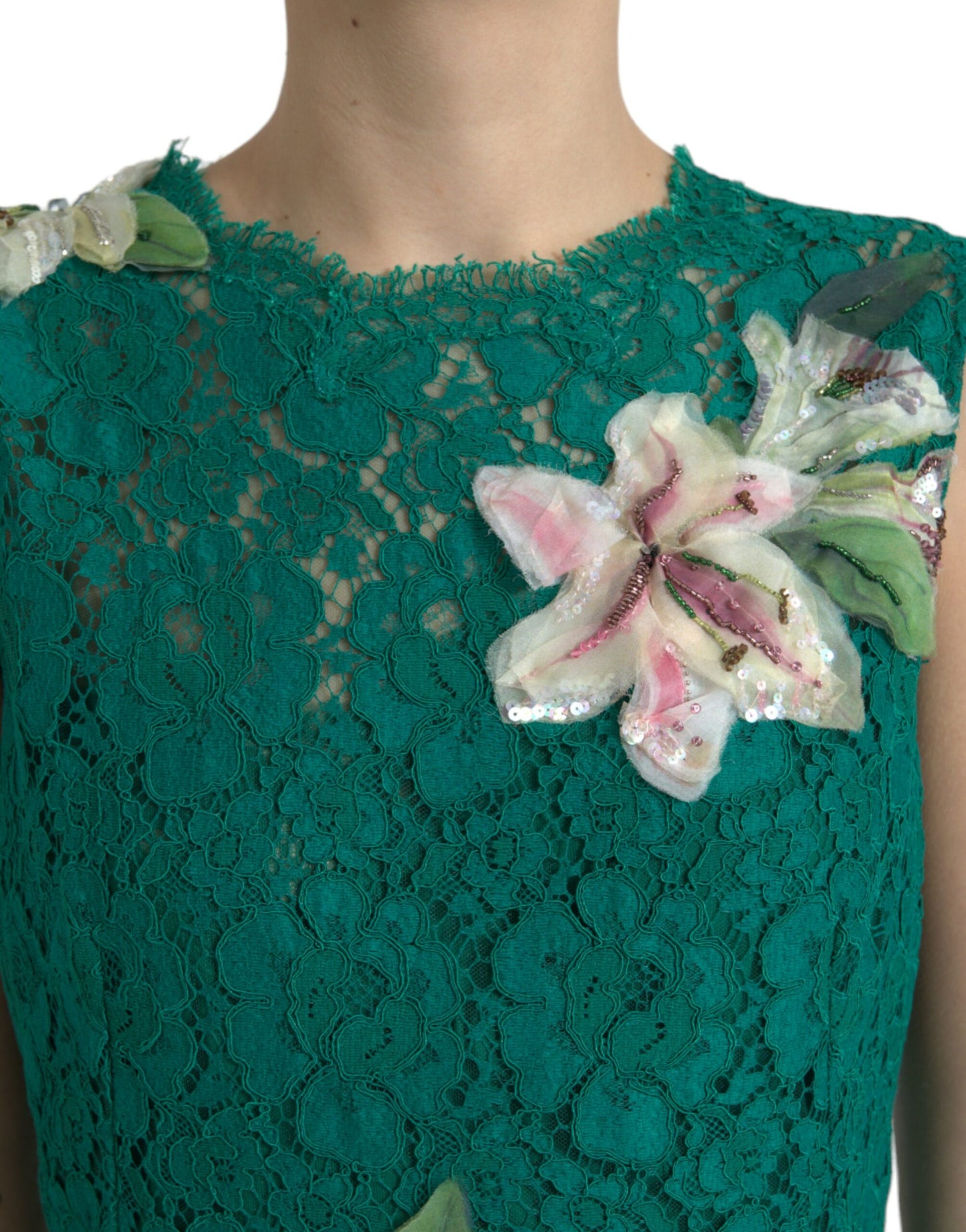 Green Lace Floral Applique Aline Midi Dress