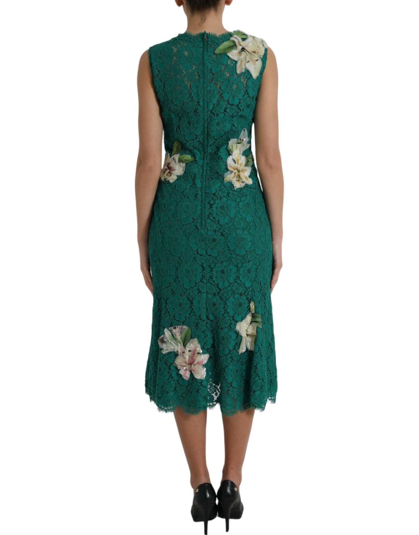 Green Lace Floral Applique Aline Midi Dress