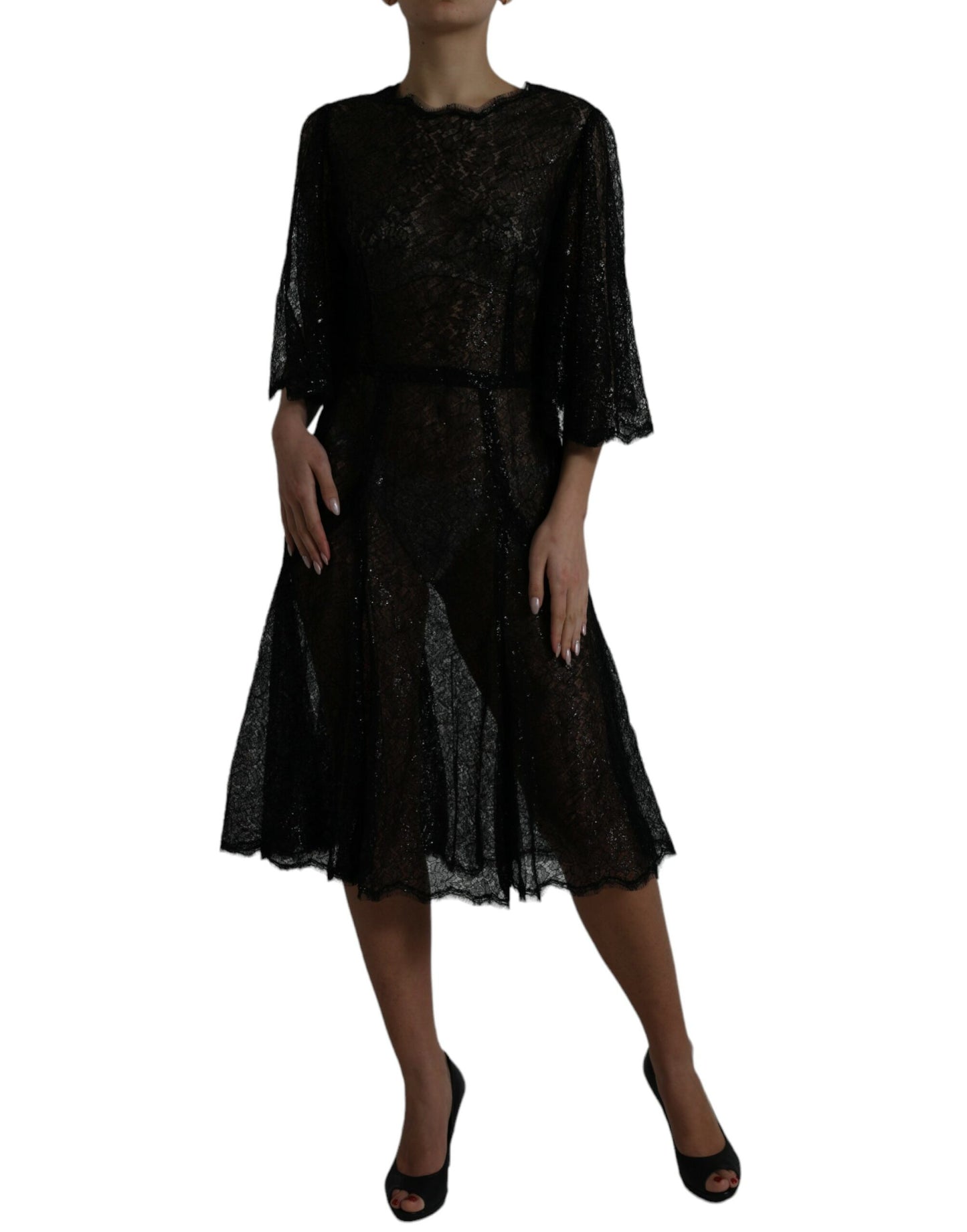 Black Floral Lace Sheer A-line Midi Dress