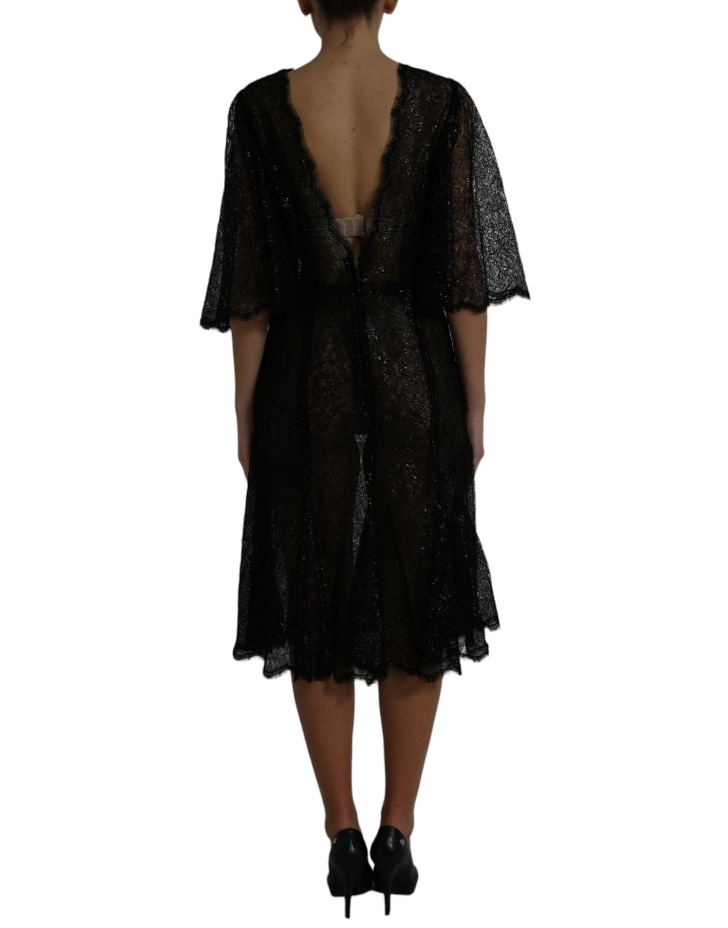 Black Floral Lace Sheer A-line Midi Dress