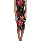 Black Floral Print Silk Sheath Midi Dress