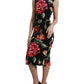 Black Floral Print Silk Sheath Midi Dress