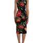 Black Floral Print Silk Sheath Midi Dress