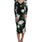 Black Roses Print Silk Bodycon Midi Dress