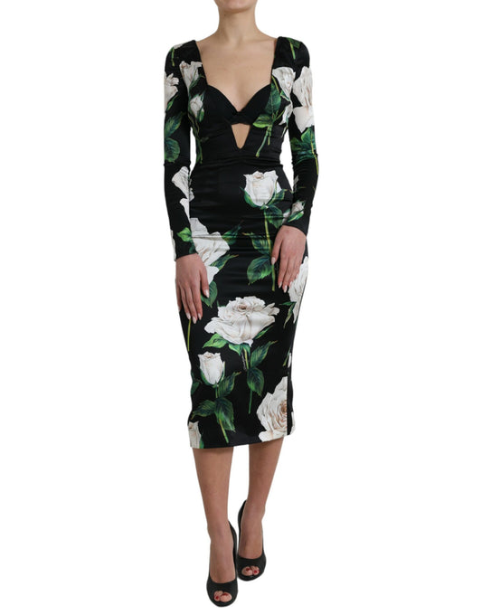 Black Roses Print Silk Bodycon Midi Dress