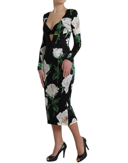 Black Roses Print Silk Bodycon Midi Dress