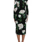 Black Roses Print Silk Bodycon Midi Dress