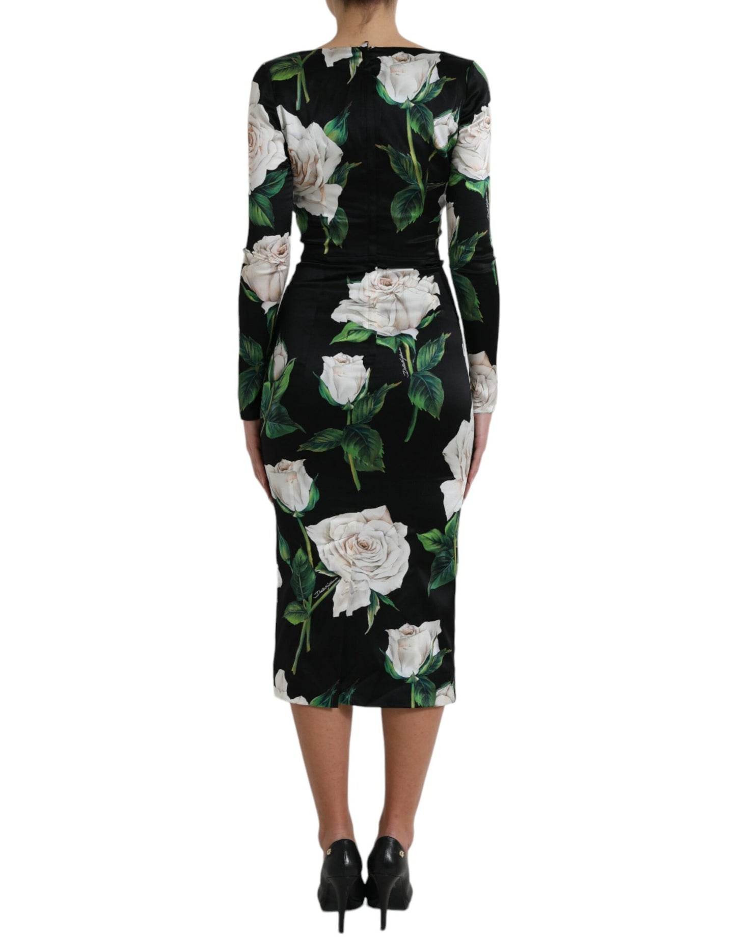 Black Roses Print Silk Bodycon Midi Dress