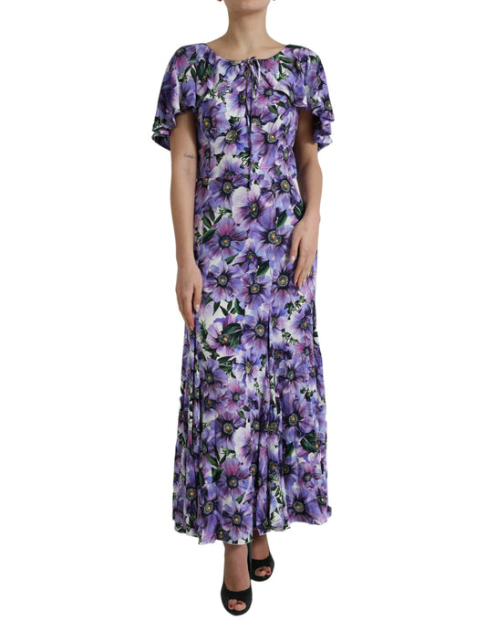 Purple Anemone Print Silk Aline Maxi Dress