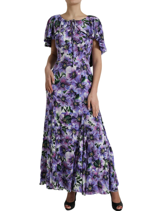 Purple Anemone Print Silk Aline Maxi Dress