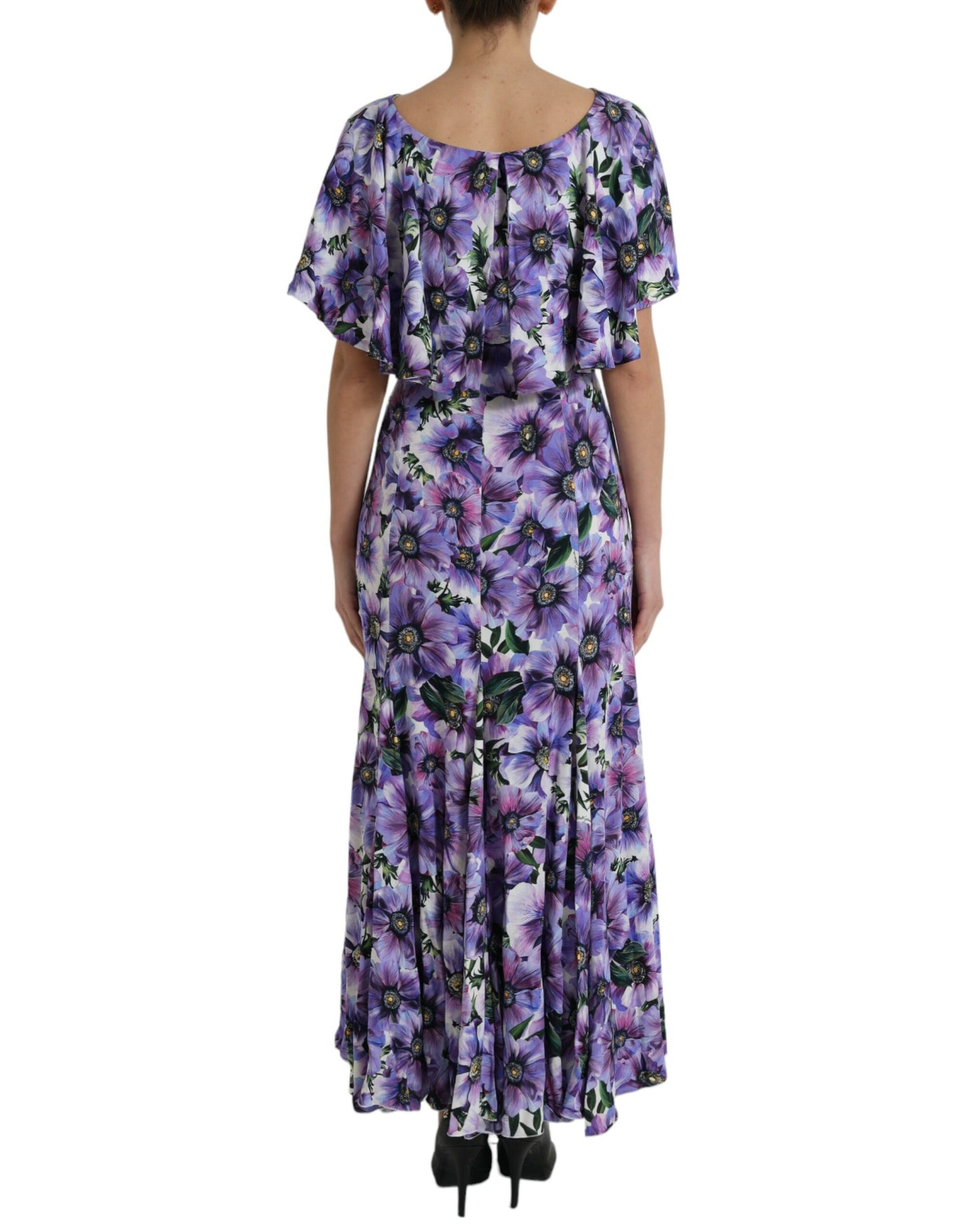 Purple Anemone Print Silk Aline Maxi Dress