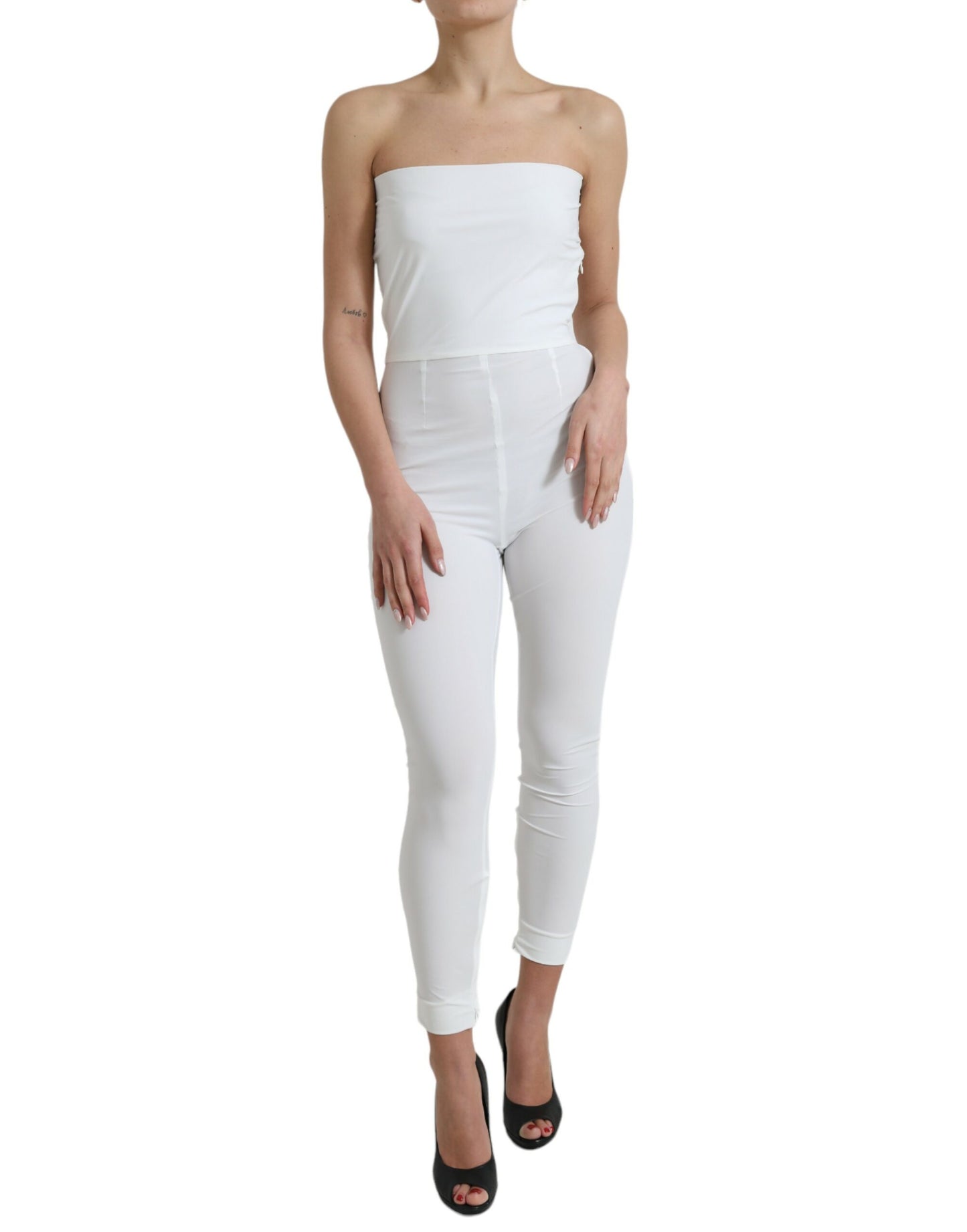 White Nylon Strapless Bodycon Jumpsuit Dress