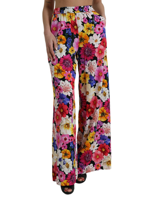 Multicolor Floral High Waist Wide Silk Pants