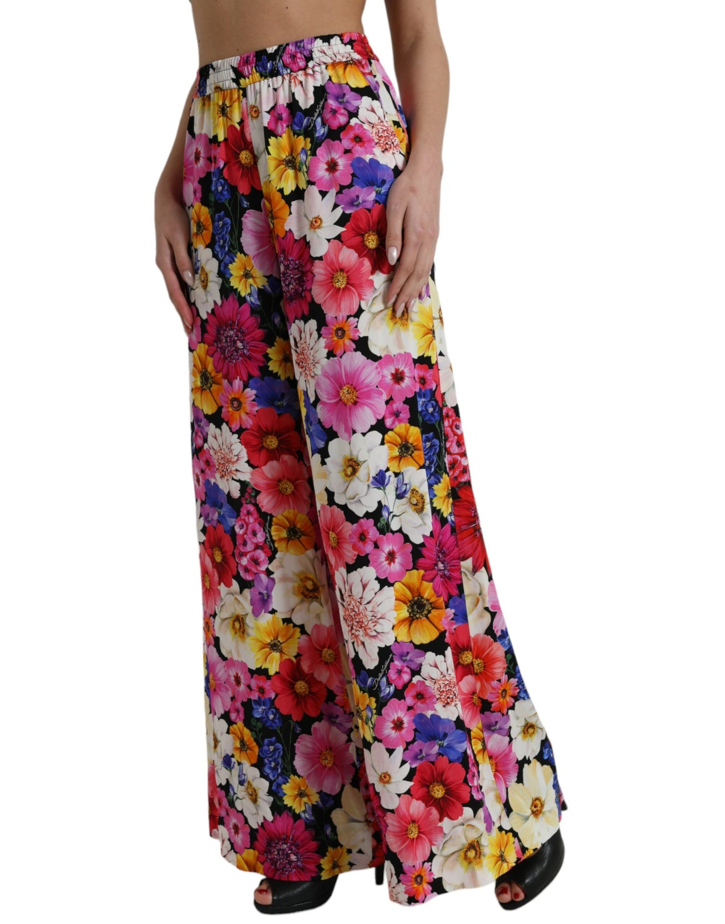 Multicolor Floral High Waist Wide Silk Pants