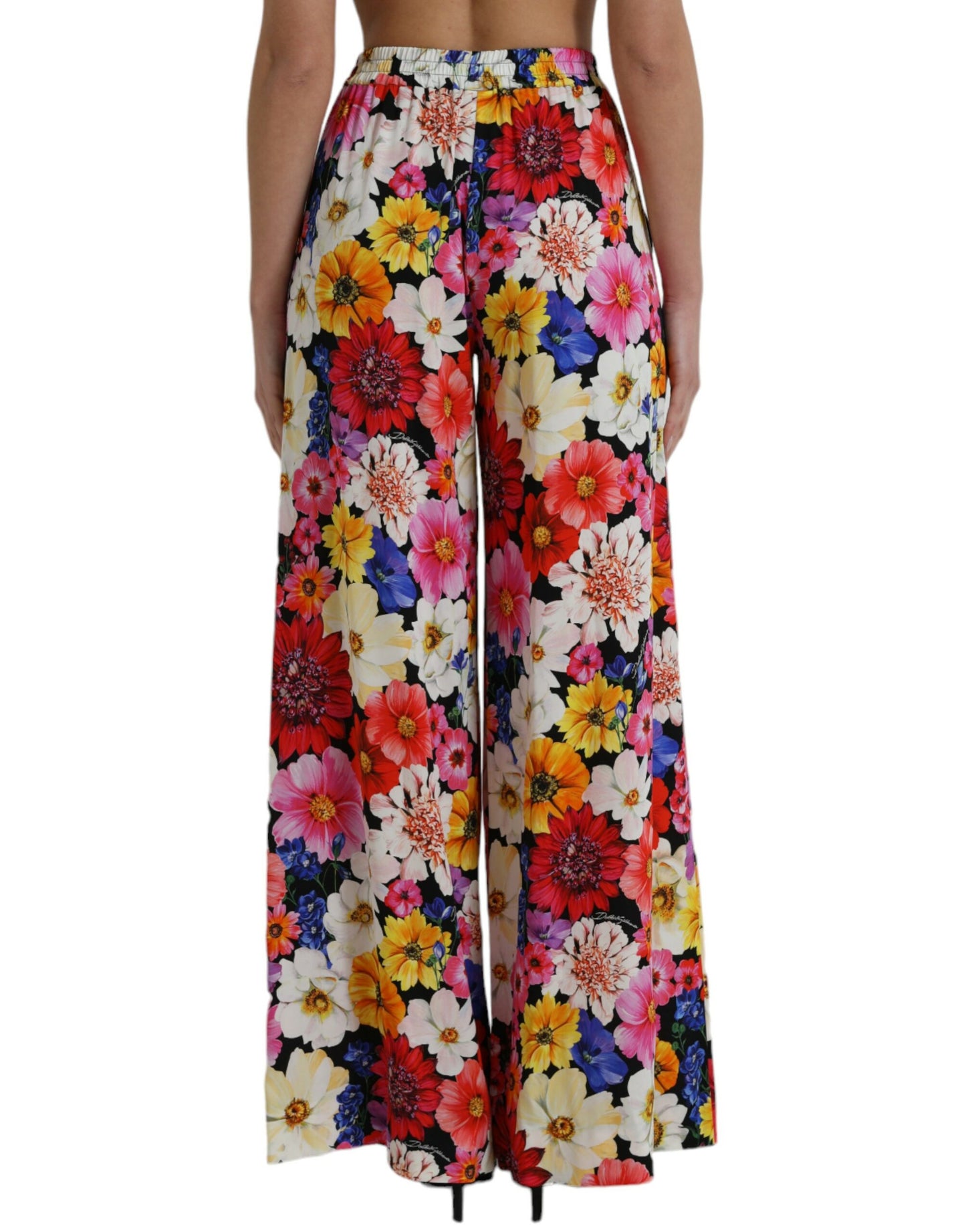 Multicolor Floral High Waist Wide Silk Pants