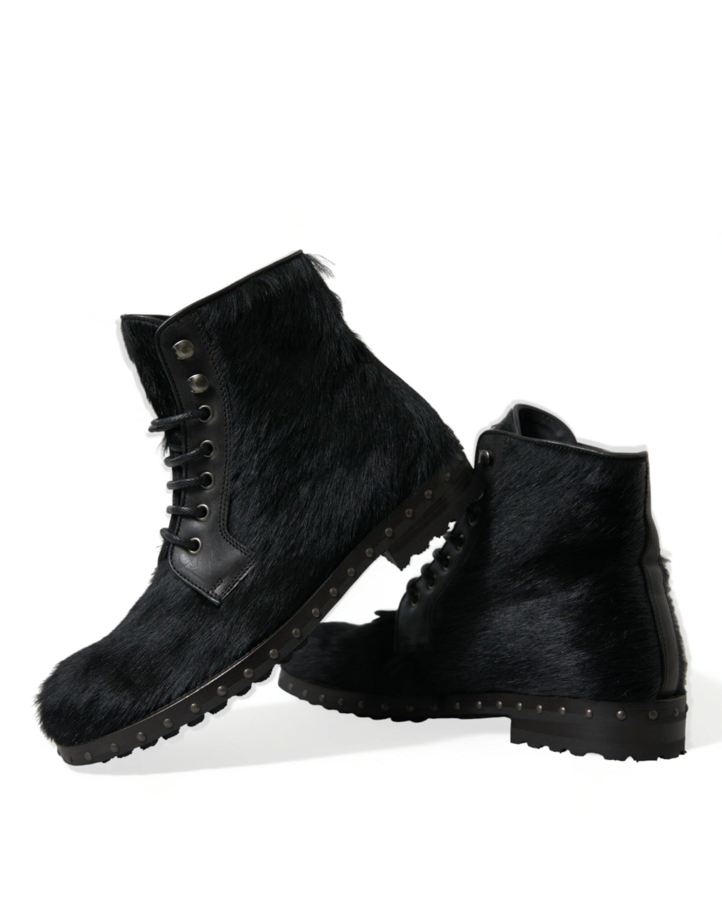 Black Pony Style Leather Mid Calf Boots Shoes